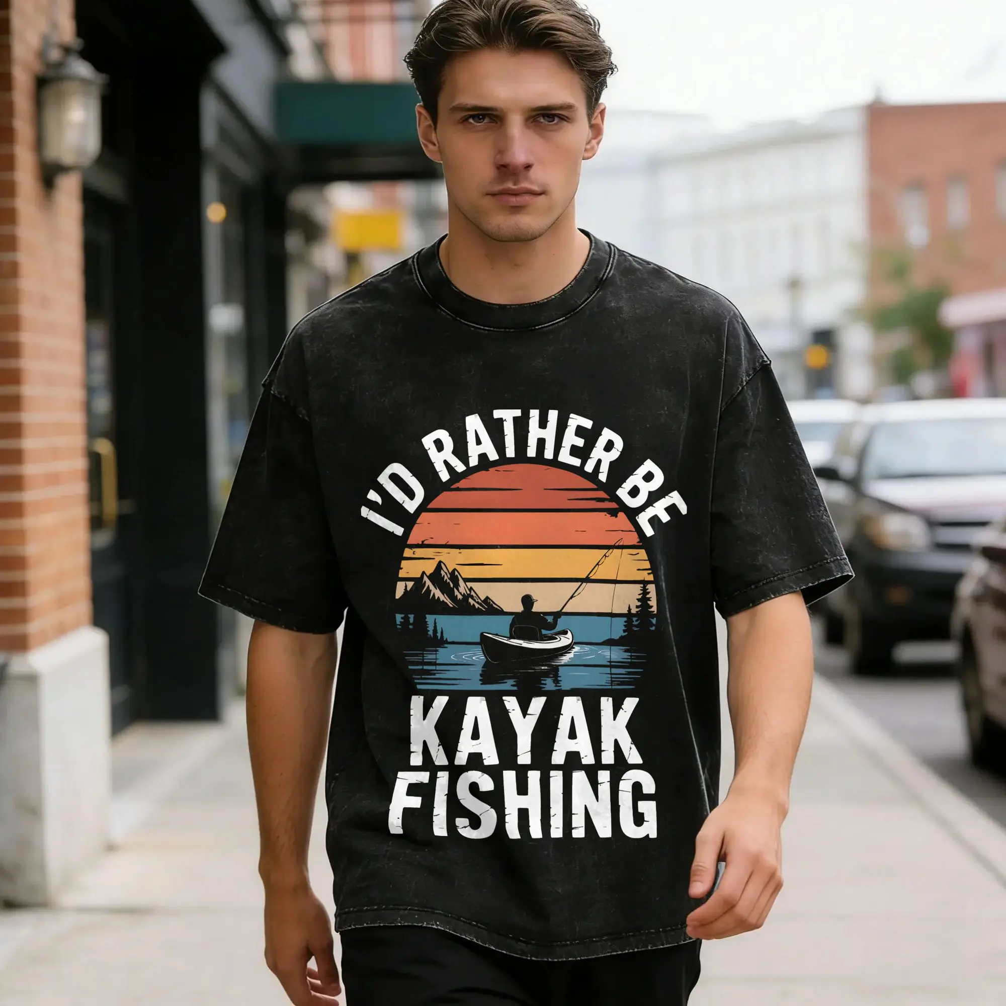 Kayak Fishing Men T Shirt Washed  Vintage Tee Shirt Short Sleeve Round Neck T-Shirts Cotton Plus Size Tops