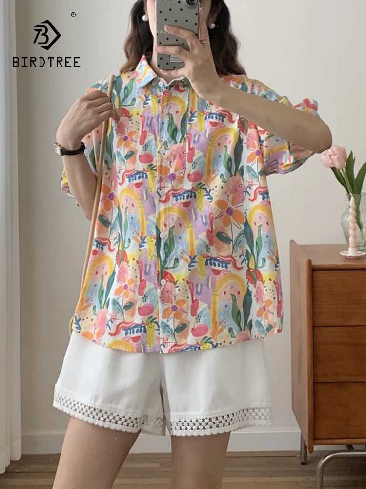 

New 2025 Summer Cotton Short Sleeve Shirt, Women Turn-down Collar Printed, Mori Girl Versatile OL Commute Loose Blouse T56123CC
