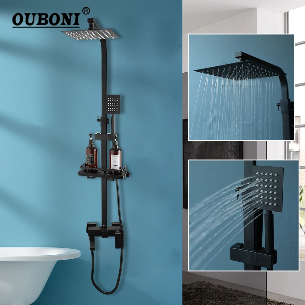 

OUBONI Bathroom Shower System With Shelf Matte Black Rainfall Stream Water Outlet Wall Mounted 3 Functions Hot Cold Mixer Taps