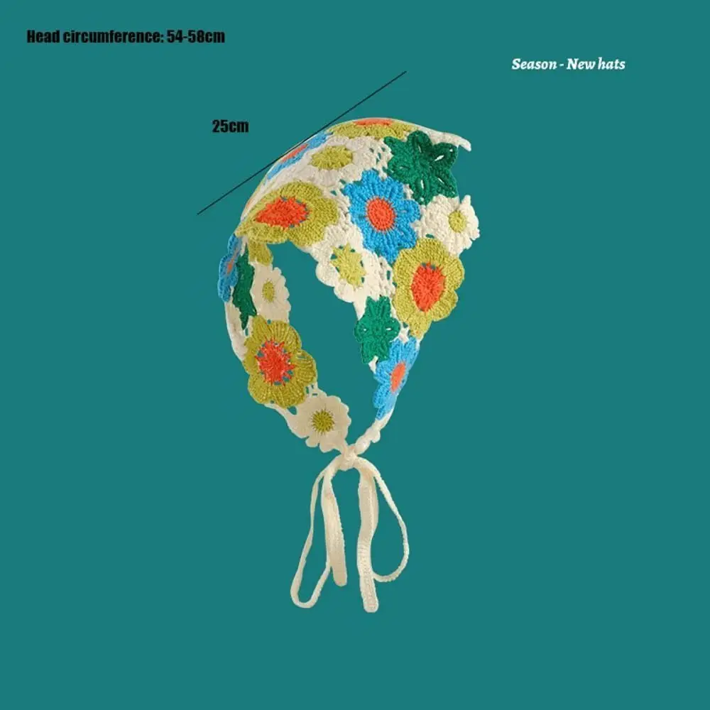 عصابة رأس مثلثة محبوكة مع زهرة صغيرة للفتيات ، وشاح رأس كروشيه مصنوع يدويًا ، قبعة ، طراز رعوي فرنسي ، منشفة