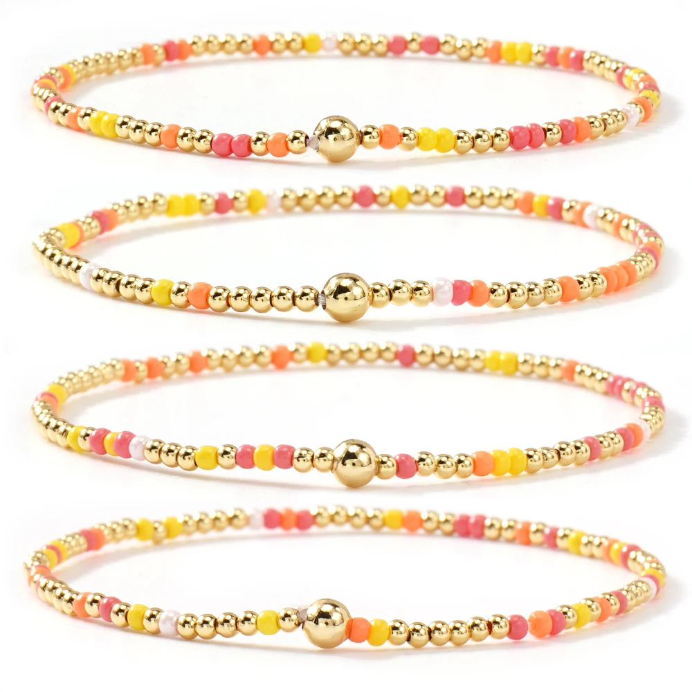 3 قطع من أساور خرز البذور الملونة مع خرز ذهبي، سوار بوهو مطاطي مصنوع يدويًا، مجوهرات صيفية لطيفة للنساء والفتيات