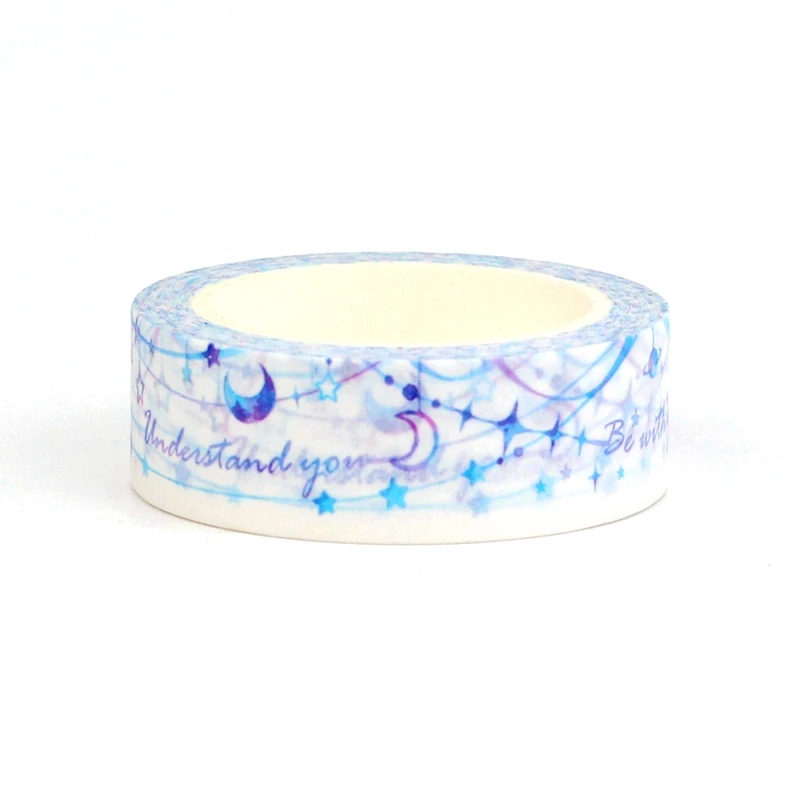 2023 NEW 1X 10M Decor Watercolor Blue Moon Stars Script Washi Tape for Planner Adhesive Masking Tape Kawaii Papeleria