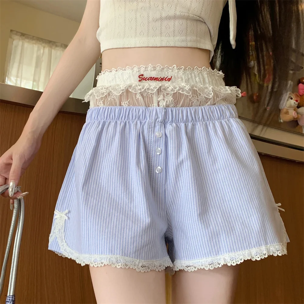 Cute Summer Striped Shorts for Women Button Blue Pink Embroidered Y2k Harajuku High Waist Lace Shorts Lolita Lace Leggings Girl