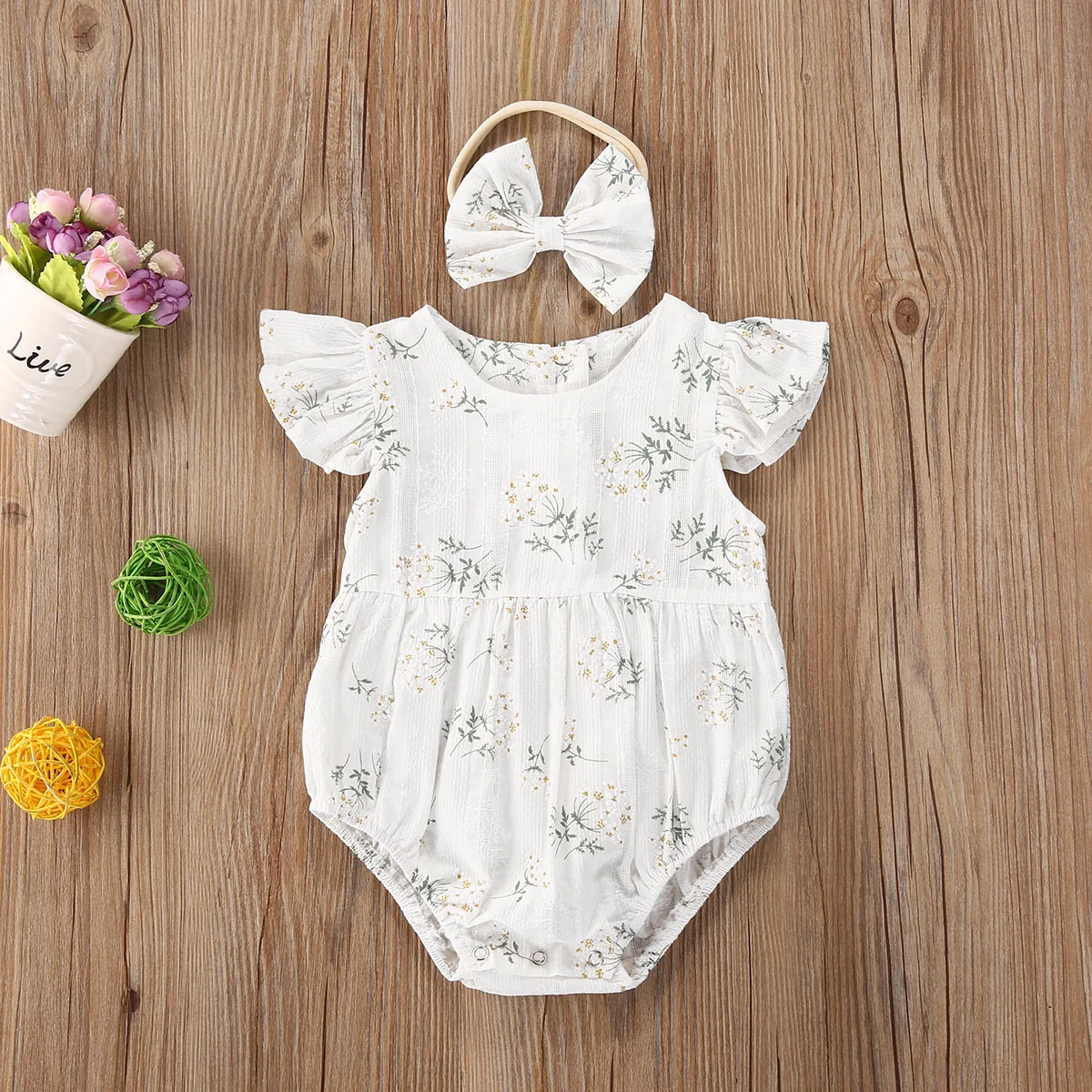 Newborn Infant Baby Girls Romper Cotton Fly Sleeve Floral printed Jumpsuit With Headband Toddler Soft Clothes Outfits