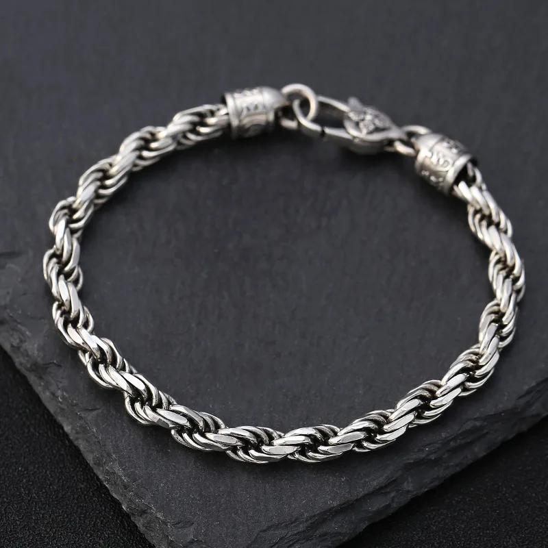S925 Sterling Jewelry, Fashionable Thai Silver Vajra Six-Character Mantra Twisted Pattern Bracelet Men