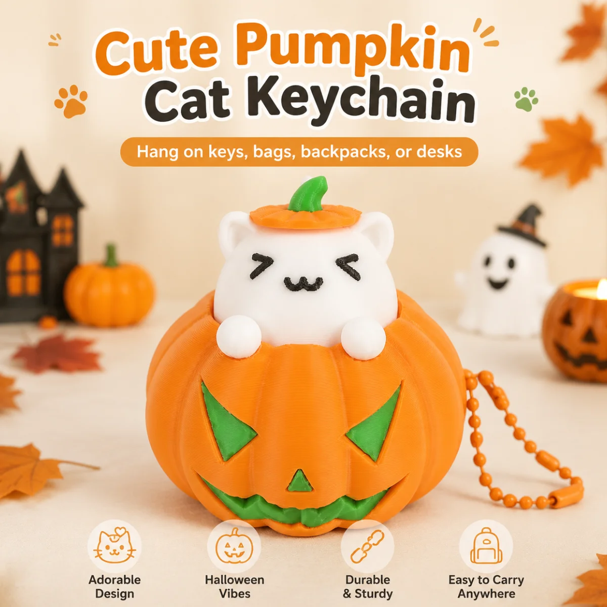 1PC Halloween Pumpkin Cat Fidget Clicker Keyring,Eco-Friendly 3D Printing PLA  Accessory,Cartoon Stress Toy Backpack Charm