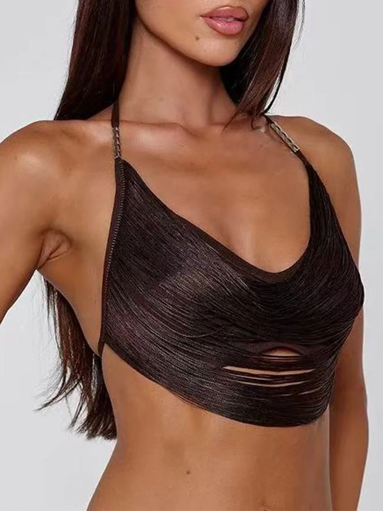 Handmade Patchwork Fringed Women Tank Top Sexy See Through Hollow Backless Neck Mounted Crop Top Holiday Party Dating Outfit