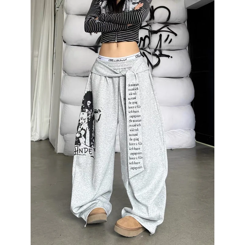 ZHIZOU Women Gray Gothic Baggy Y2k Letter Print Pants Harajuku 2000s Vintage Oversize Sweatpants Wide Leg Trousers Autumn 2025 - Image 4