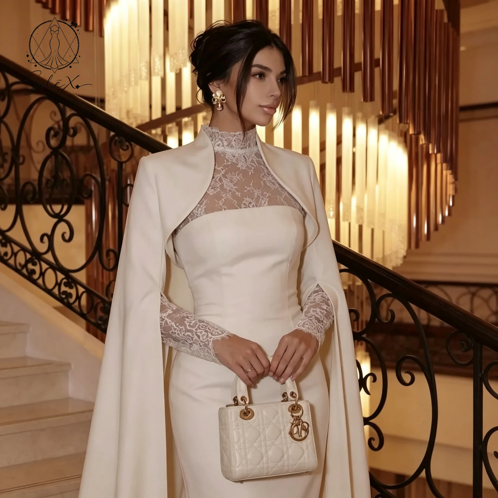 Elegant Ivory High Neck Lace Panel Cape Cloak Mermaid Maxi Evening Dress Formal Wedding Guest Banquet Occasion Gown For Women