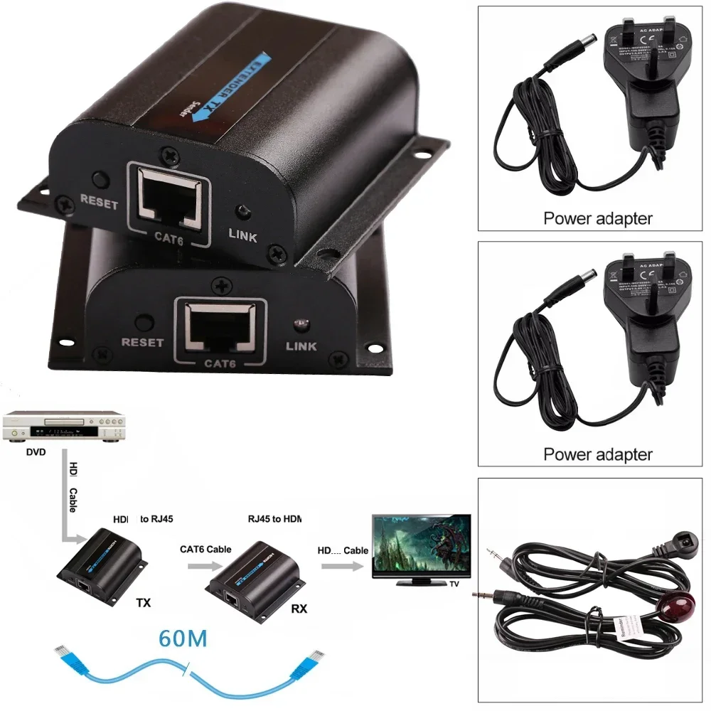 60m 1080P HDMI-compatible Ethernet Cable Extender By CAT6 Network Cable RJ45 Video Transmitter Receiver Converter for PC To TV