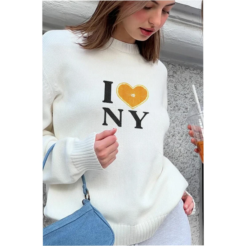 New White Women Knitted Sweater Letter Pattern Loose Vintage O-neck Pullover Clothing Fashion Autumn Winter Long Sleeve Sweaters