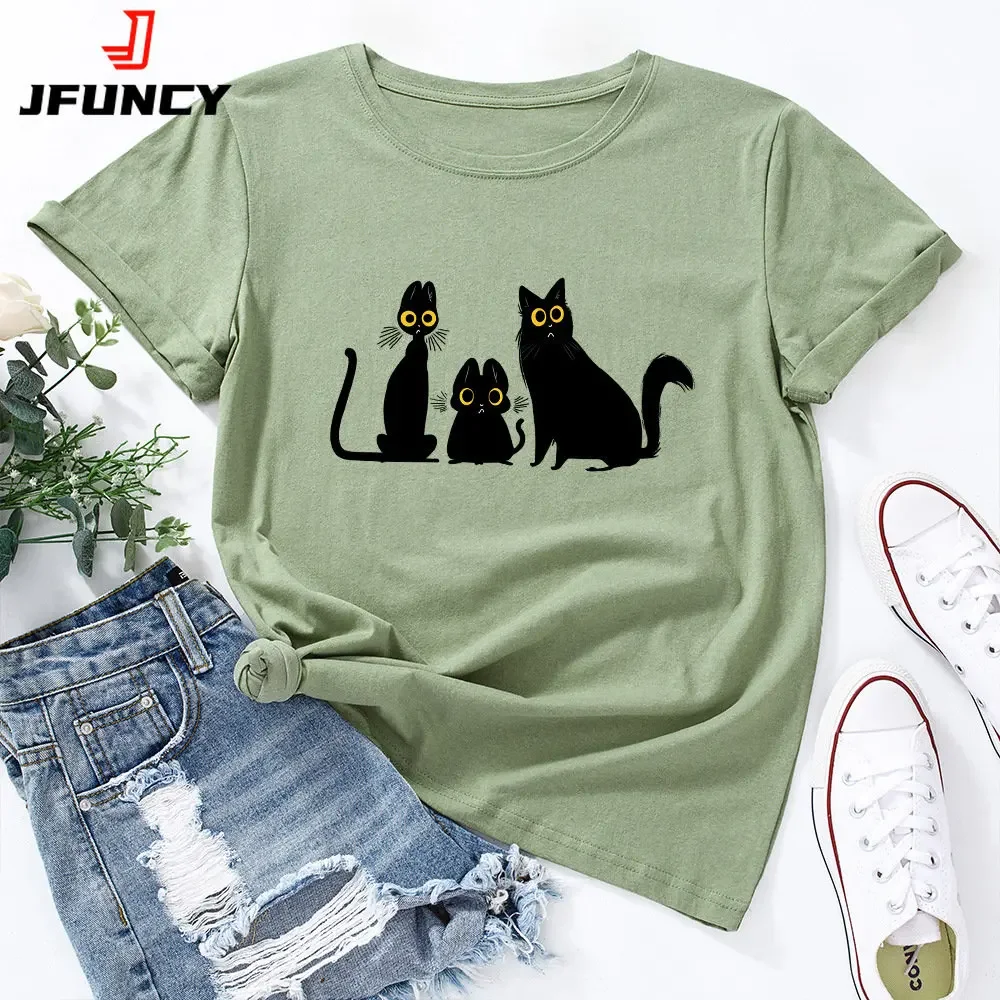 T-shirty damskie Czarny kot Graficzna koszulka Ponadgabarytowe koszulki damskie z krótkim rękawem Odzież damska Letnia bawełniana koszulka