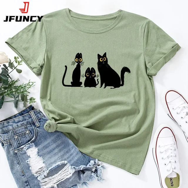 T-shirty damskie Czarny kot Graficzna koszulka Ponadgabarytowe koszulki damskie z krótkim rękawem Odzież damska Letnia bawełniana koszulka