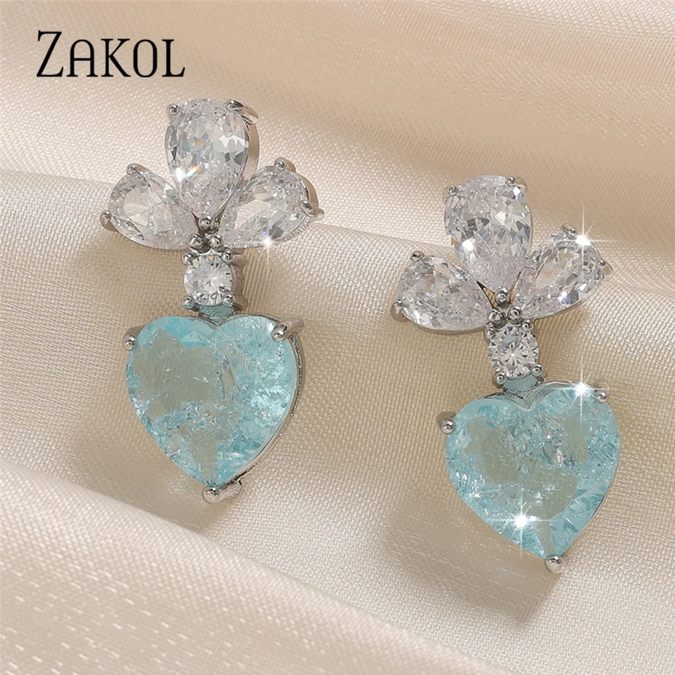 ZAKOL New Luxury Ocean Blue Burst Cubic Zirconia Heart Drop Earrings for Women Exquisite Birthday Christmas Girls Jewelry