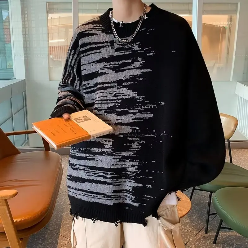 

Мужской свитер свободного кроя с круглым вырезом, вязаный, в стиле ретро, больших размеров, осенне-зимний, в гонконгском стиле, повседневный вязаный топ