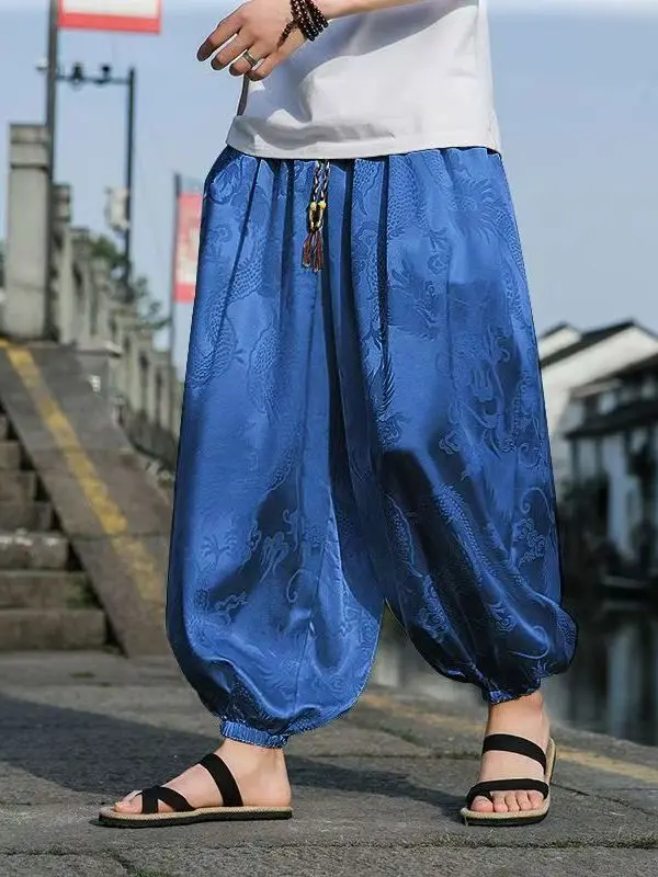 

Новые китайские свободные брюки-фонарики для мужчин, летние тонкие хлопковые брюки из ледяного шелка, большие размеры, свободный крой, повседневные брюки длиной 7/8