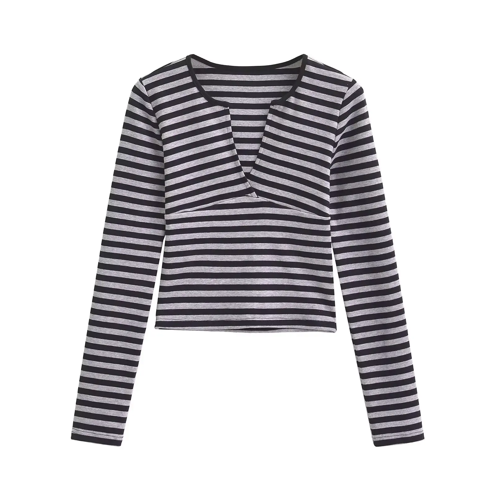 Seksowna amerykańska koszulka w paski, damska, wiosenno-jesienna, dopasowana, z długim rękawem, głęboki dekolt w serek, bazowa koszulka, czysta pokusa.