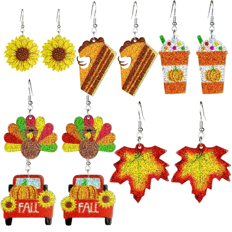 Neue Herbst Thanksgiving Ohrringe Truthahn Kürbis Kuchen Ahornblatt Kaffee Sonnenblume funkelnde Acryl Ohrringe Thanksgiving-Geschenk