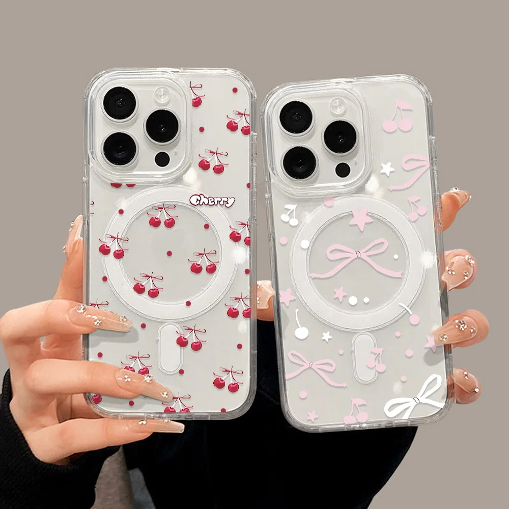 Cute Bow Cherry Phone Case for Samsung A56 5G, A55, A16, A54, A26, S23, S24 FE, S25 Ultra, Magsafe Compatible