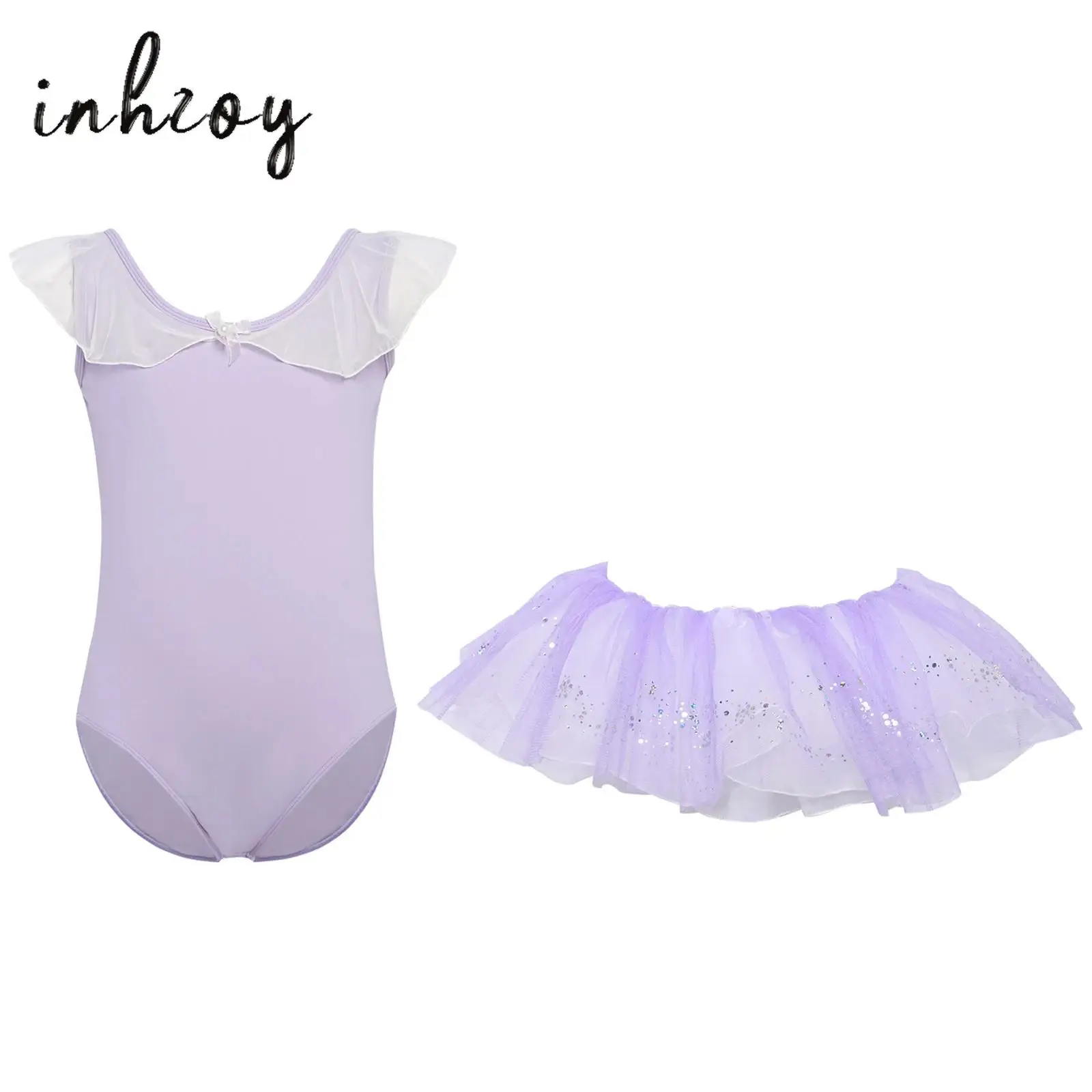 

Kids Girls Ballet Gymnastics Dance Performance Costume Ruffled Collar Sleeveless Backless Leotard with Shiny Sequins Tutu Skirt