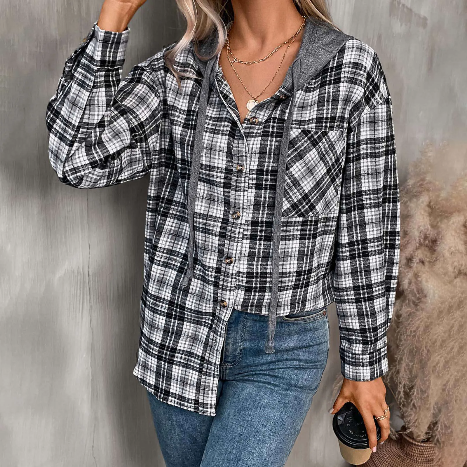 Damen lässig Kapuze Plaid Print Shirt Jacke Log Sleeve T-Shirts für Frauen