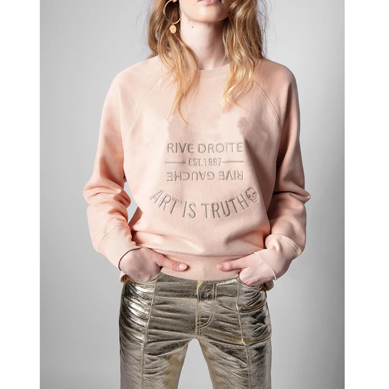 بلوفر نسائي من القطن المطرز بحروف كلاسيكية ZV على الطراز الفرنسي الجديد