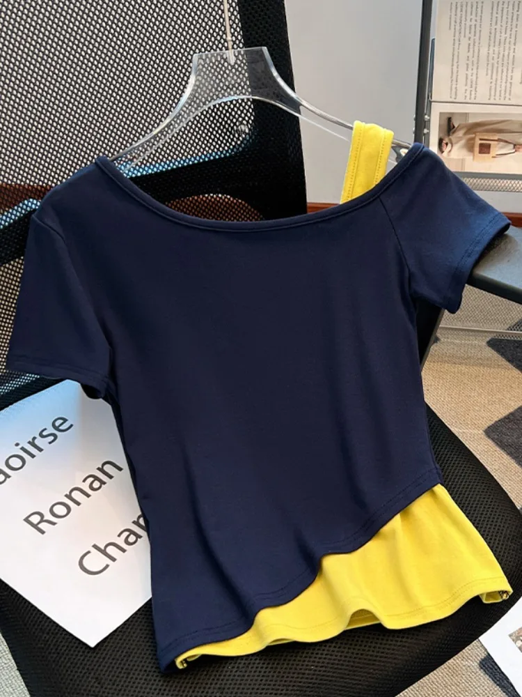 Slim Fit Or Sve Camiseta Feminina Verão Self-Kee Design Sense Falso Oulder de Duas Peças Bared Or Dr Coreano Sle