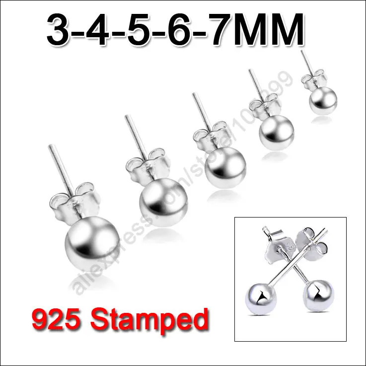 

80Pccs 925 Sterling Silver Smoonth Ball Beads Stud Earring With Back Stoppers Woman Gift Jewelry Multi Sizes 3-4-5-6-7mm