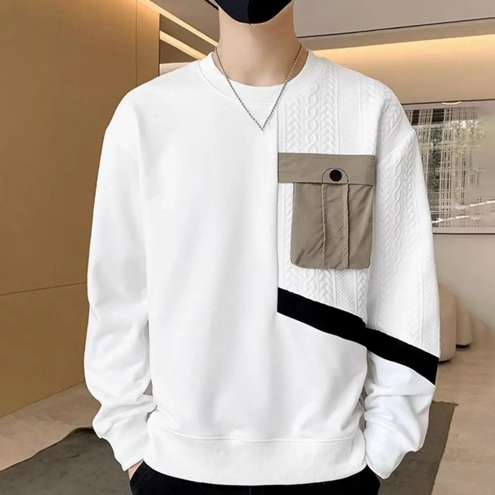 Men Fall Winter Top Round Neck Long Sleeve Sweatshirt Elastic Cuff Young Style Thick Warm Pullover Casual Sweatshirt