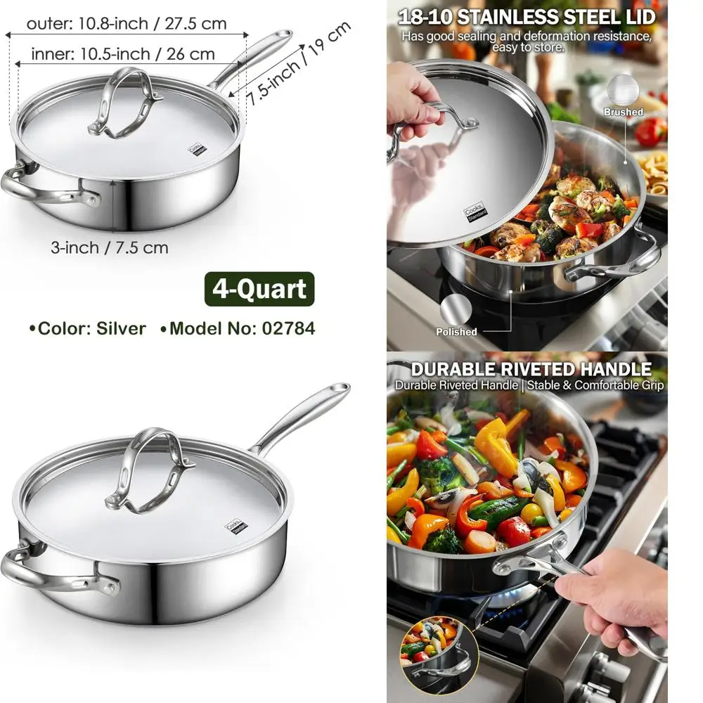 

Большая глубокая сковорода на 4 литра, 10,5-дюймовая сковорода из нержавеющей стали с крышкой, индукционная сковорода, безопасная сковорода для духовки для приготовления пищи