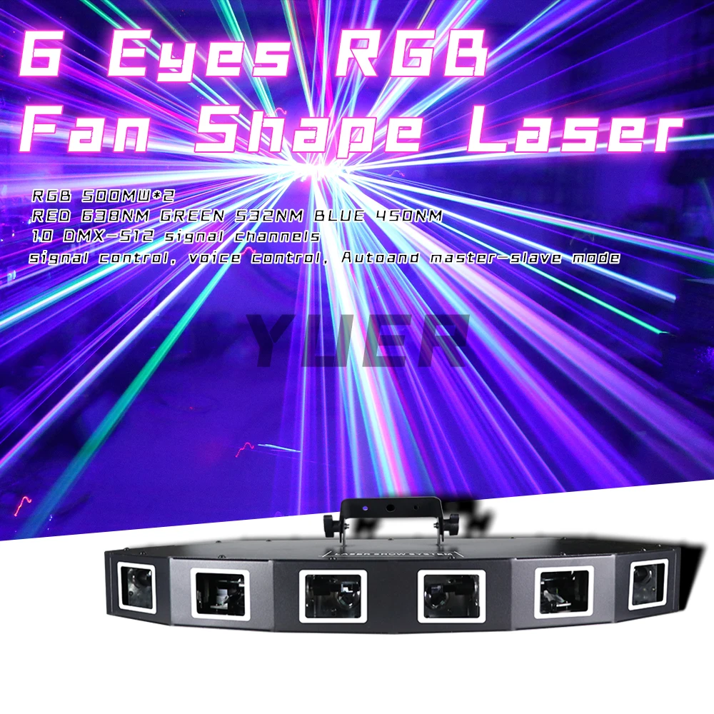 YUER 6 Eyes RGB Fan Shape Laser Stage Lighting Effect Projector DMX Music Sound For DJ Disco Party Bar Christmas Holiday Lamp