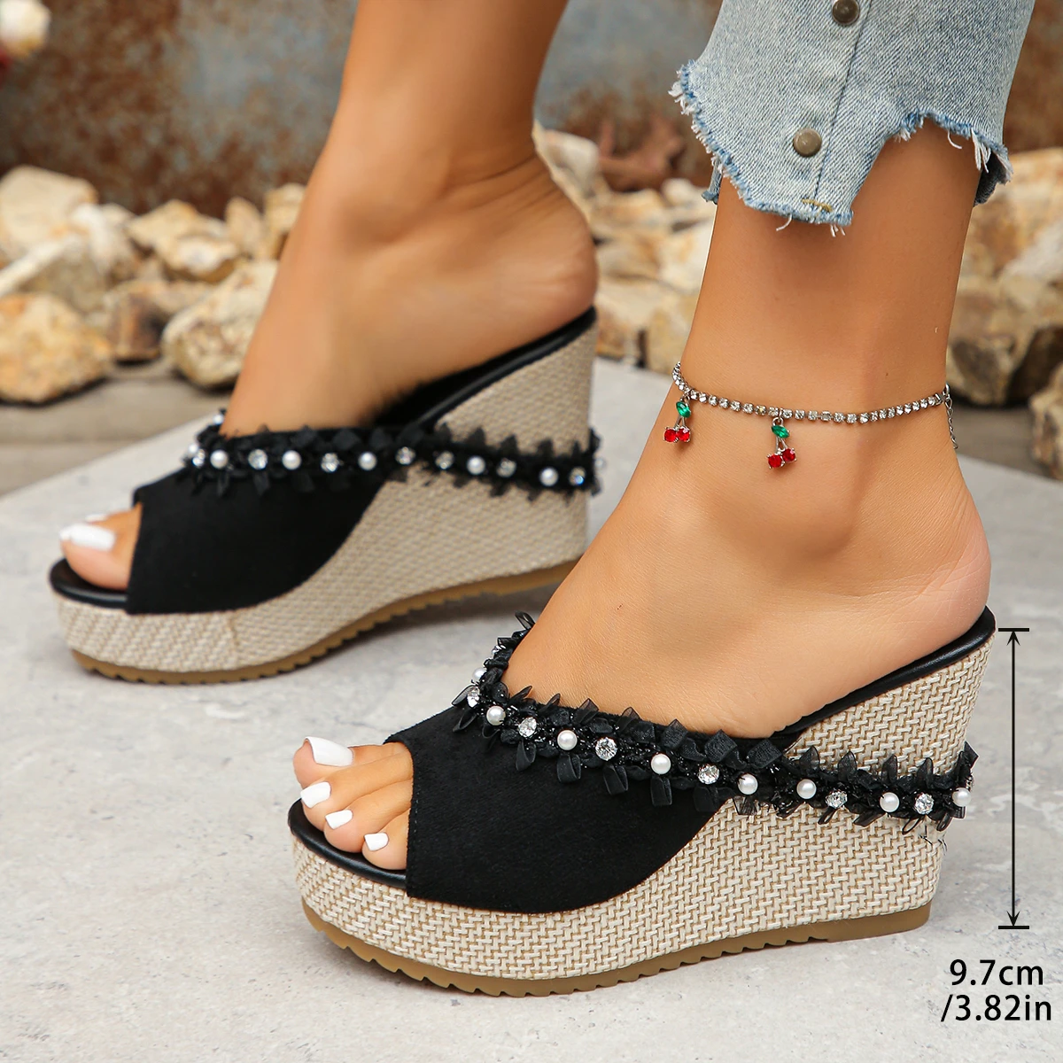 Sandalias de Plataforma Súper Alta con Tira Única, Estilo Verano, de Lino y Esparto Transpirables con Cuña y Suela Gruesa para Mujer