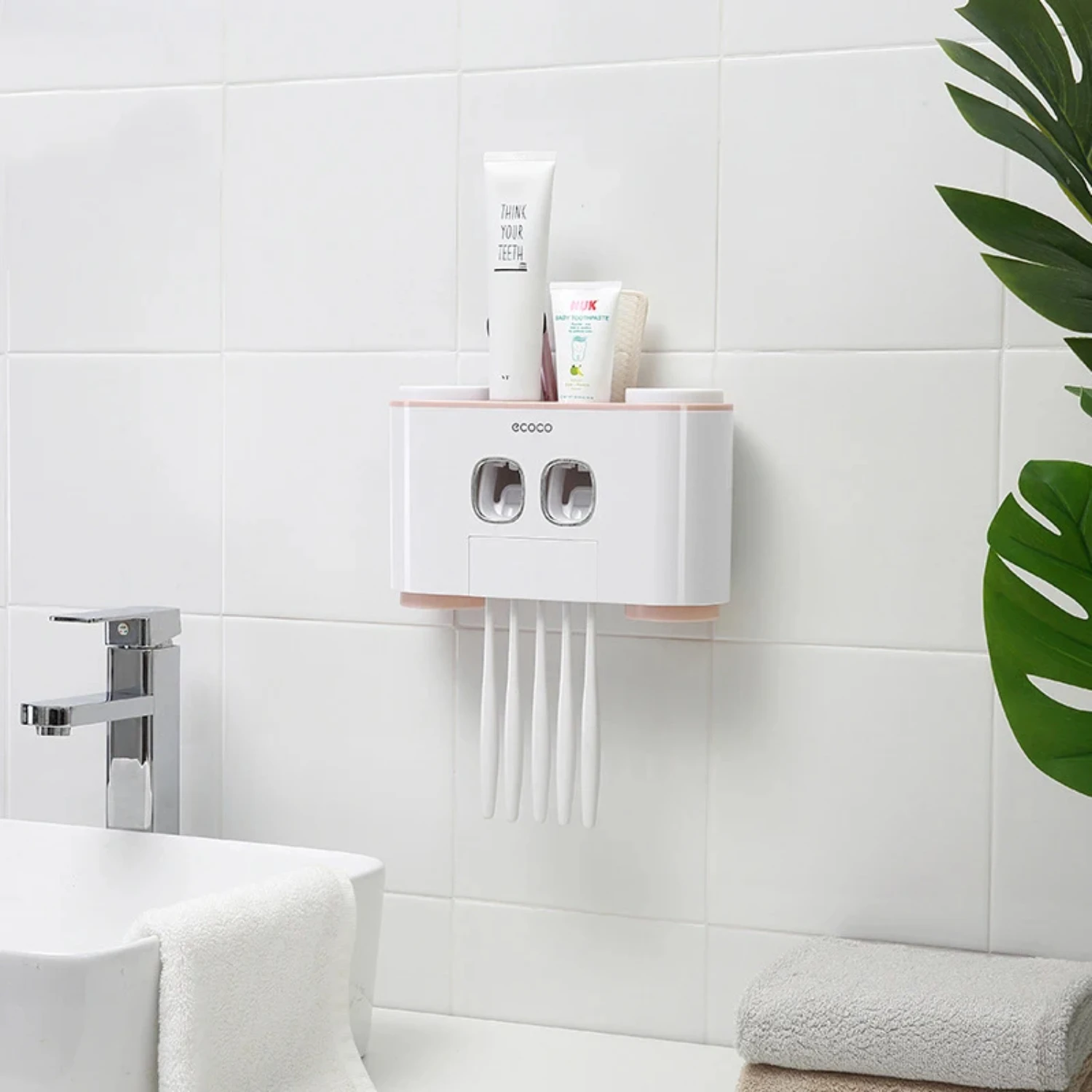 

Automatic Toothpaste Dispenser Wall Mount Toothbrush Holder Toothpaste Squeezer Bathroom Accessories Storage Rack with 4 Cups