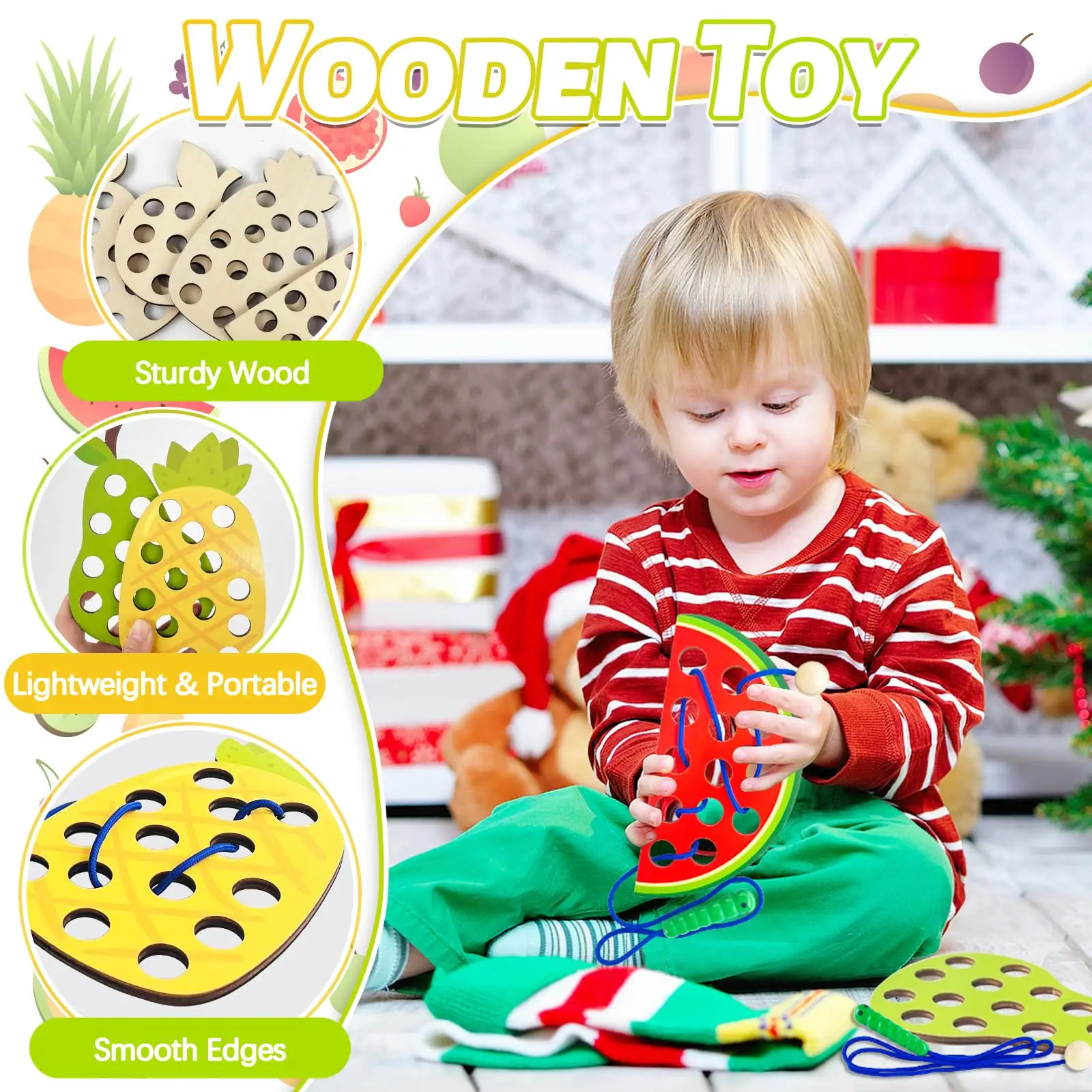 Montessori Wooden Fruit Threading Toy for Children Educational Brain Teaser Toy view 3