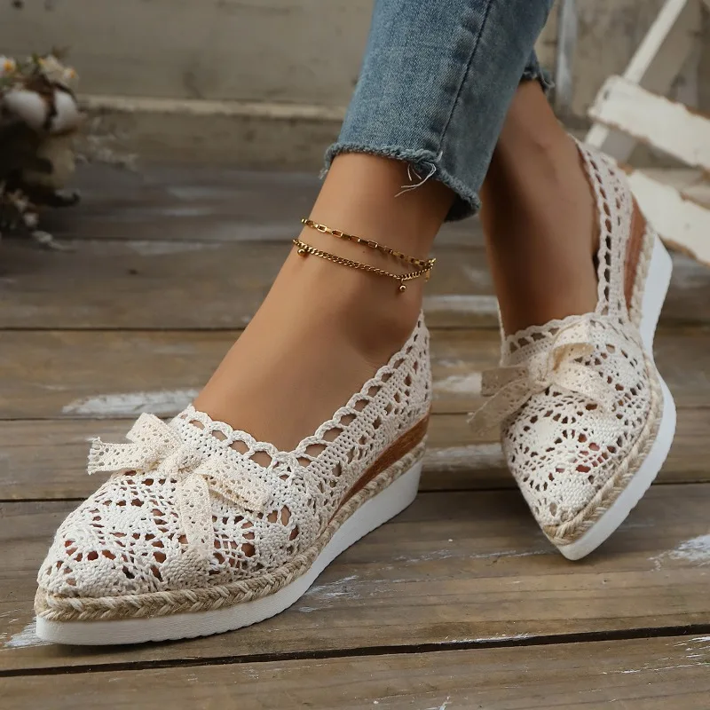 

Woven Mesh Cutout Breathable Bow Single Shoes Autumn New Pointed Toe Mid-Mouth Platform Slip-Proof Heels