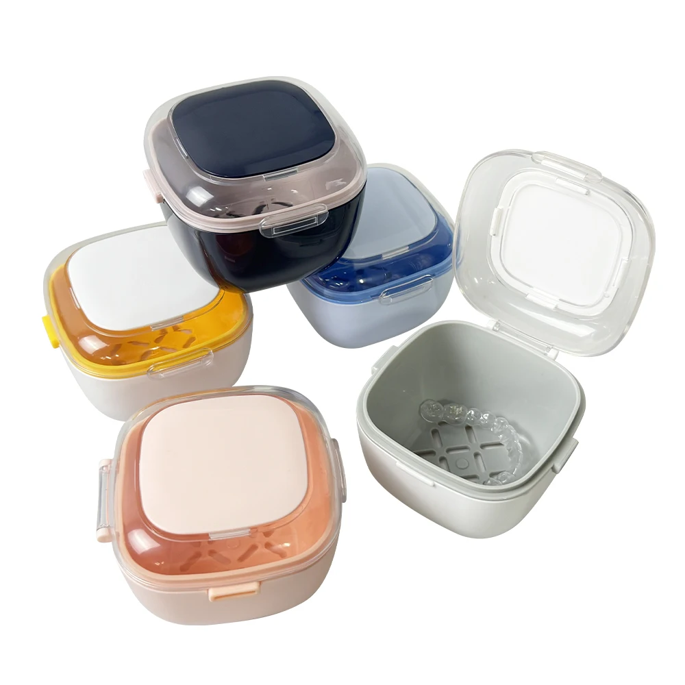 Dental Retainer Soaking Box Double Layer Drain Tray Portable Invisalign Aligner Retainer Cleaning Storage Case Denture Cleaner