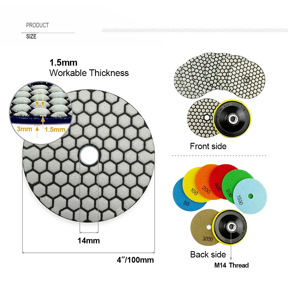 Shdiatool 7 Stks/set Droge Diamant Schuurschijf Polijsten Pads Met 1Pc Foam Plastic Backer Steen Marmer Graniet Dia4 "/100Mm