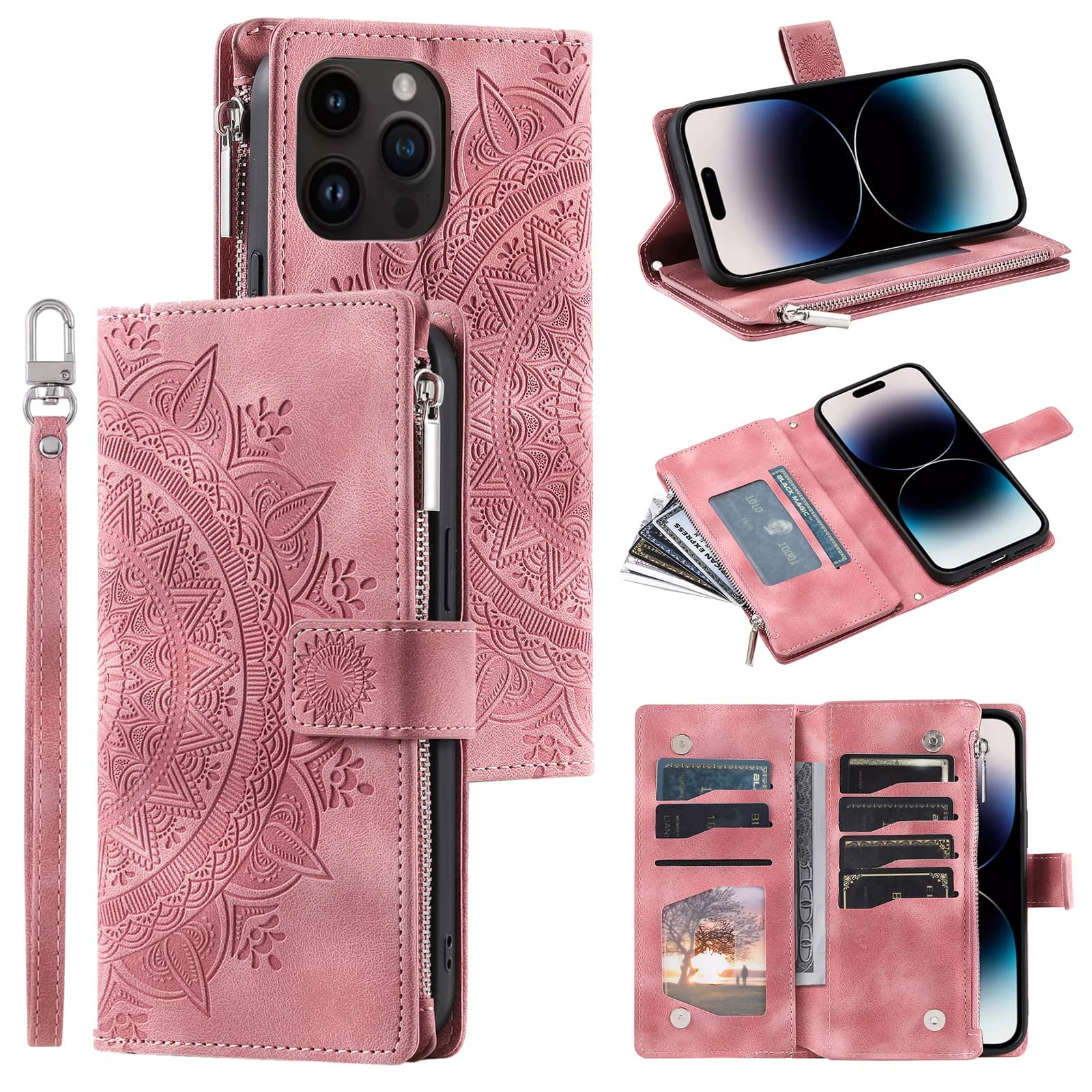 

For iPhone 13/12/11 Pro Max 16e 2025 XR/XS Max 13 12 Mini 7 8 Wallet case with Zipper Credit Card Holder with Shoulder Strap