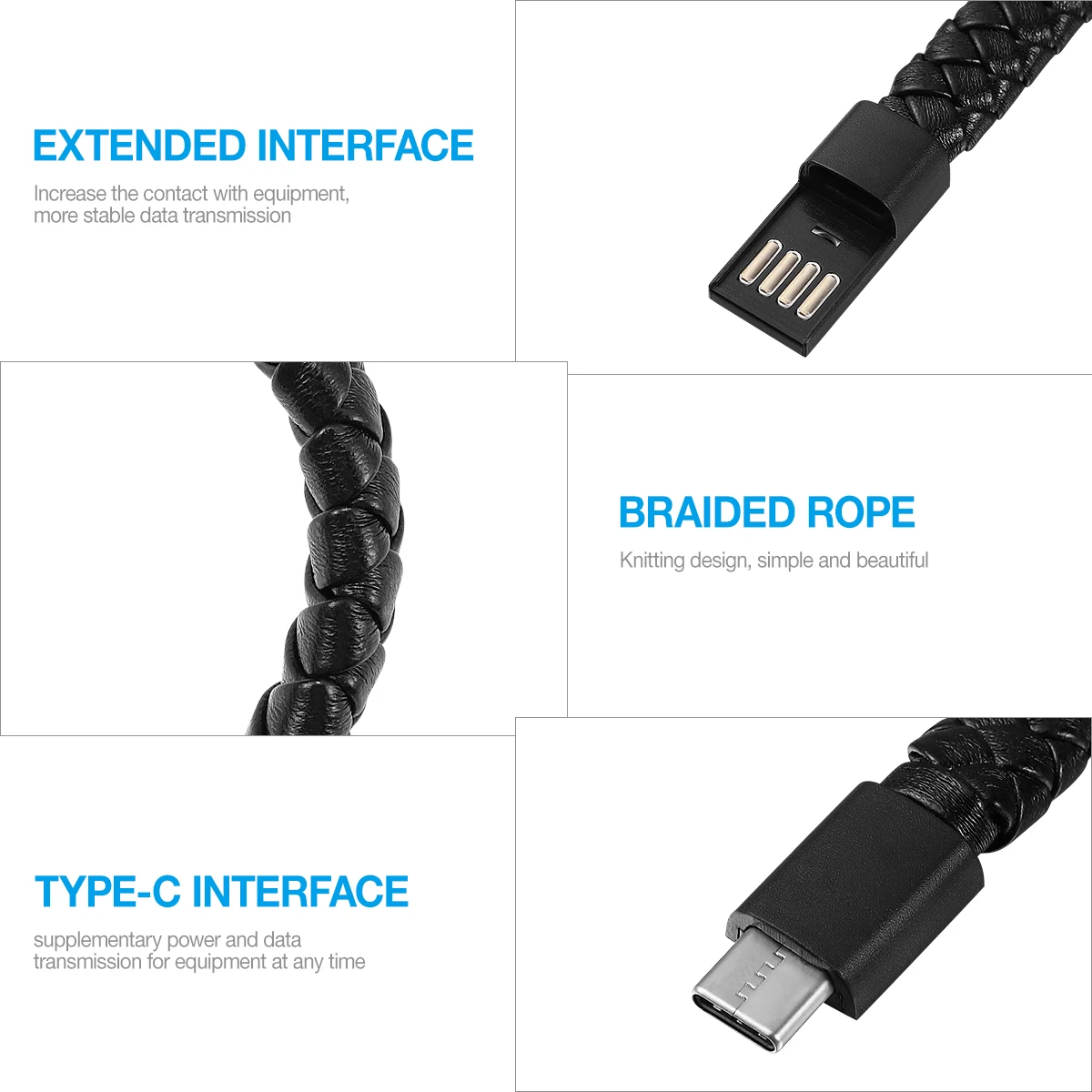 

Fast Charging Type-C Data Sync Cable Braided Wristband Style Black Durable Flexible Long Lifespan Portable Travel