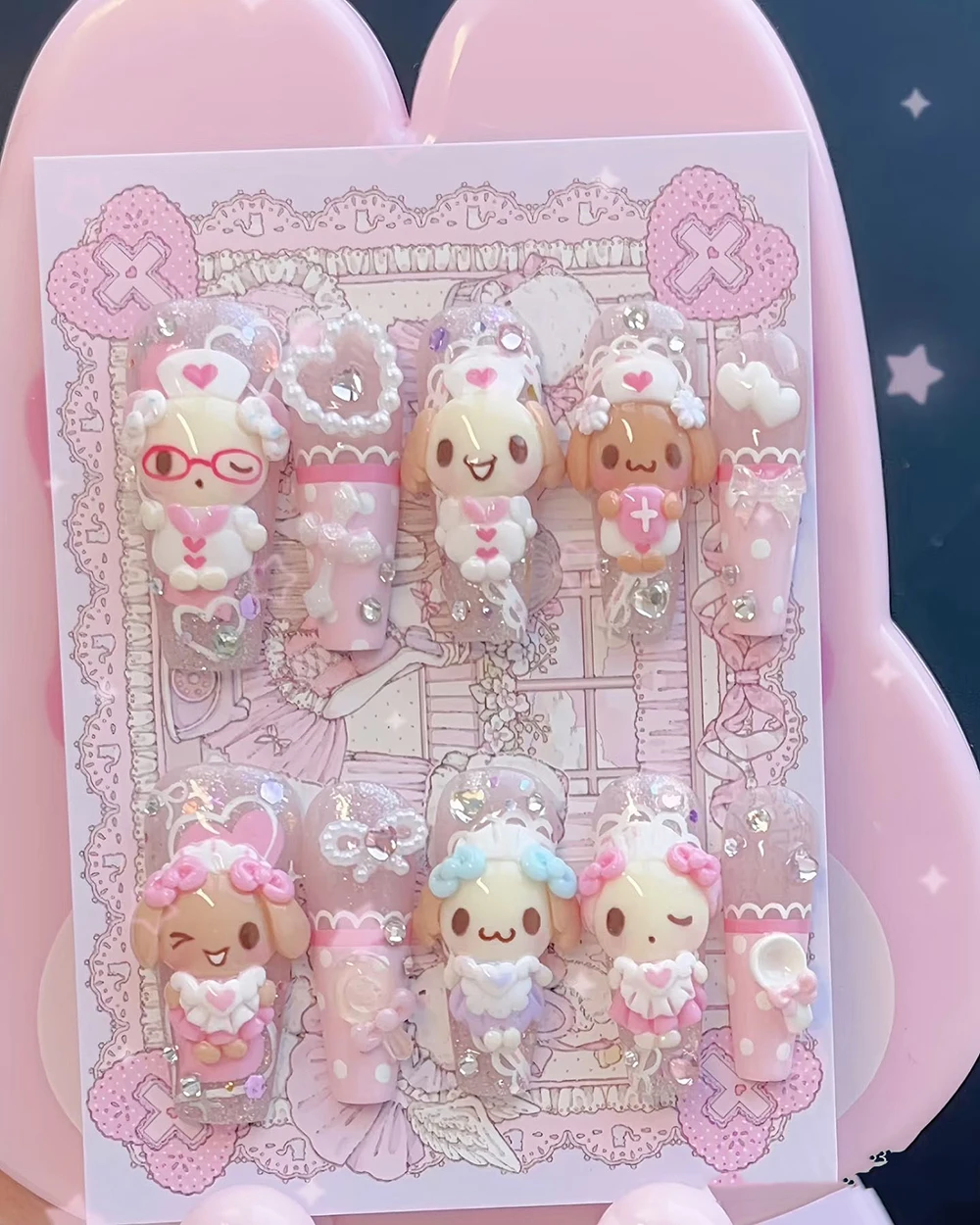 10Pcs Handmade 3D Bear Rilakkuma Rabbit Press On Nail Art Stickers Bowknot Cake Cream Chocolate Manicure Birthday Gift view 2