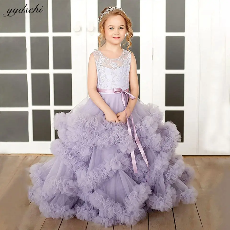 

Customized Elegant Purple Puffy Flower Girls Dresses For Wedding 2024 Princess Lace Ball Gown Kids Pageant First Communion Gowns