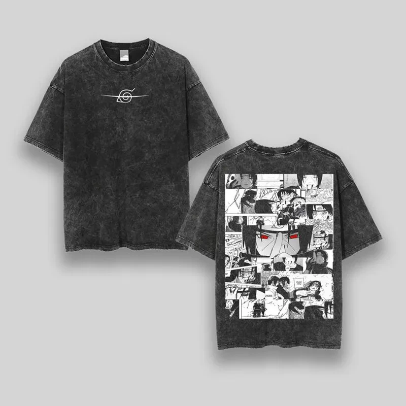 

Футболка Itachi Naruto Uchiha: винтажный коллаж в стиле манга, эффект кислотной стирки, уличная одежда оверсайз, ретро-аниме графика, мужская хлопковая футболка