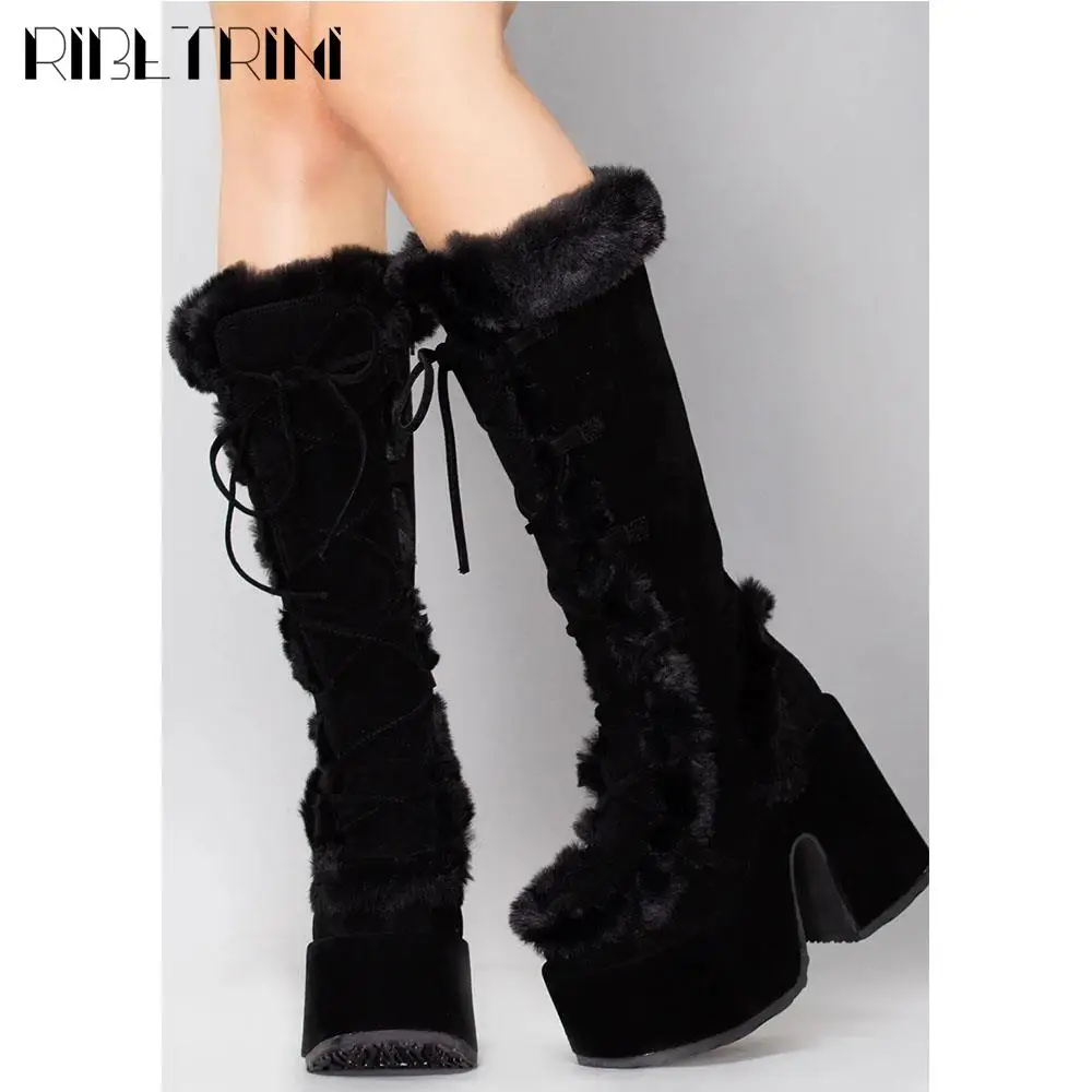 RIBETRINI Punk Goth Women Boots Fur Halloween Cosplay Chunky Block Heel Platform Shoes Knee High Brand Designer Party Warm Boots