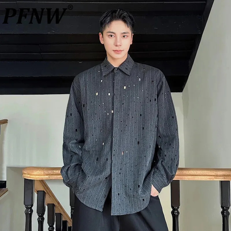 

PFNW 2024 Autumn Trendy Men Wear Shirt Striped Hole Hot Stamping Design Lapel Long Sleeve Men's Shirts Handsome Male Top 9C7141