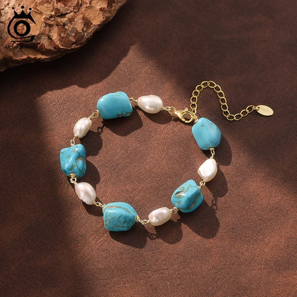 

ORSA JEWELS S925 Silver Natural Turquoise Chain Bracelet Set for Women with Freshwater Pearl Dainty Wristband Gift MPB16