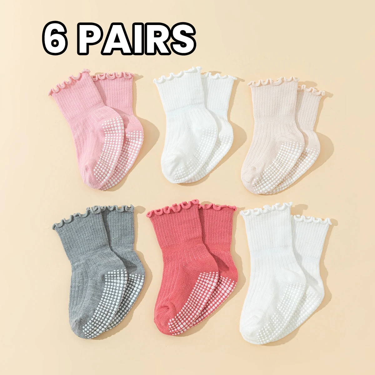 6 Pairs Girls' Toddler Cotton Socks with Lace - baby Anti-Slip Dot Gel Socks, Cute Walking Socks with Non-Slip Ruffles Design