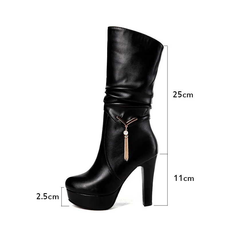 Female High Quality Mid-calf Boots Women Pu Leather Round Toe Platform Tassel Fringe Shoes Ladies Party Boots Mujer Botas White