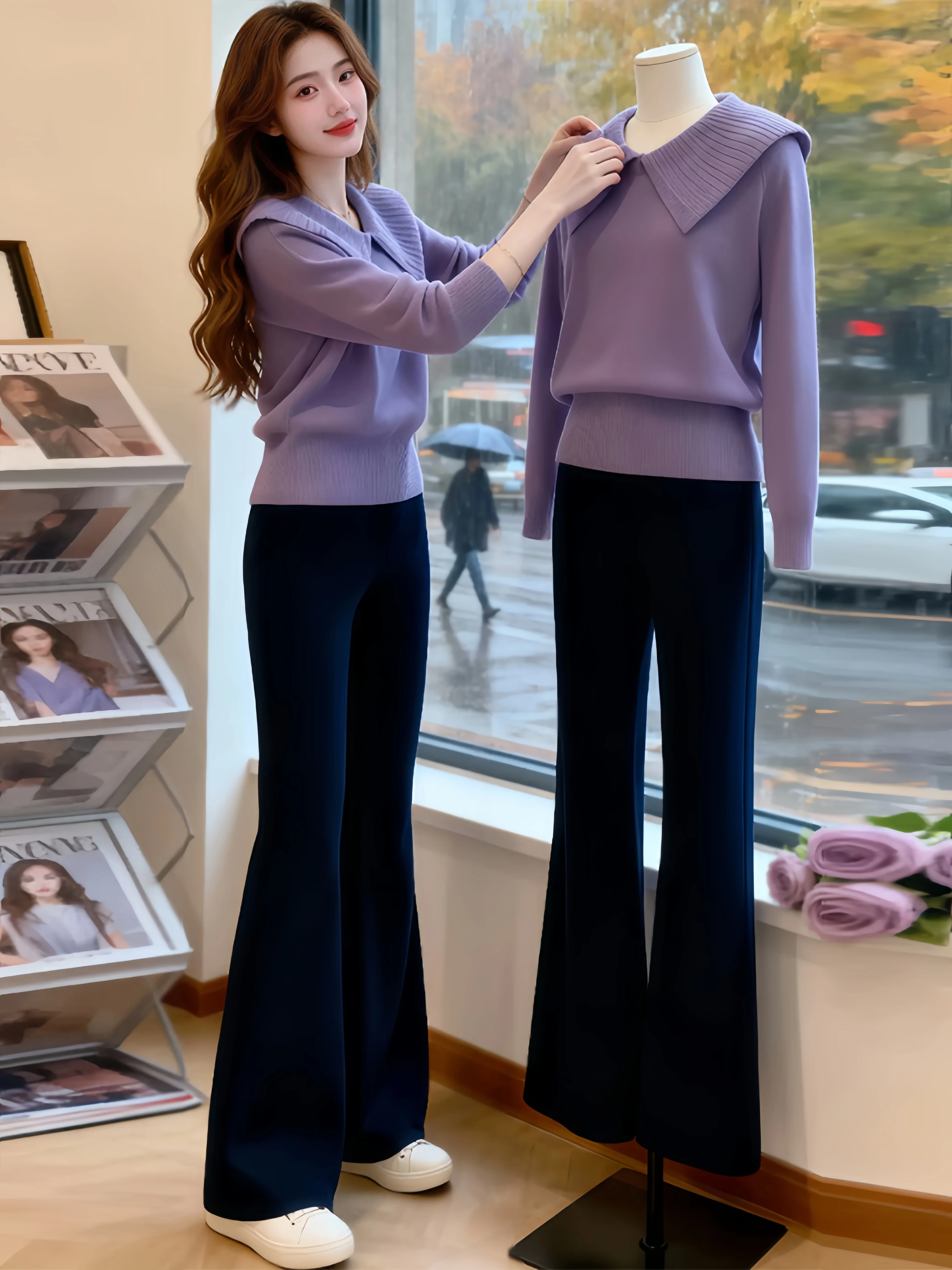 

Unique Beautiful Purple Autumn Winter Fashion Set Women's Turn-down Collar Top Wide-leg Pants Two-piece Suit Comfortable Casu...