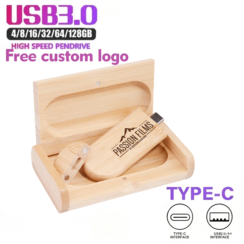 TYPE-C USB3.0/2.0 Free Custom Logo USB Flash Drive 128GB 64GB 32GB Wooden Shatterproof Memory Stick 16GB Pen Drive Business Gift