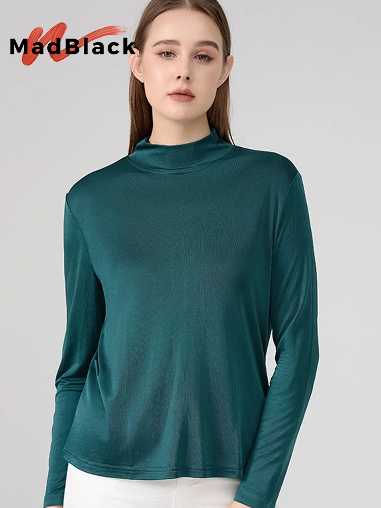 MadBlack-25%Silk 75%Viscose Elegant T-Shirt, Mock Neck Long Sleeve Solid, Women Versatile Basic Loose Top, 2026 Autumn T66318CC